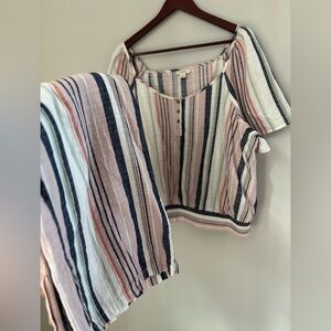 a.n.a Top XL, Bottom L Matching Stripes Soft Color Set, 2 Tone Pink, Linen Blend
